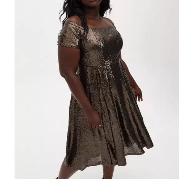 Torrid 18 Chocolate Brown Sequin Off Shoulder Midi Party Cocktail Holiday Dress - Picture 5 of 5